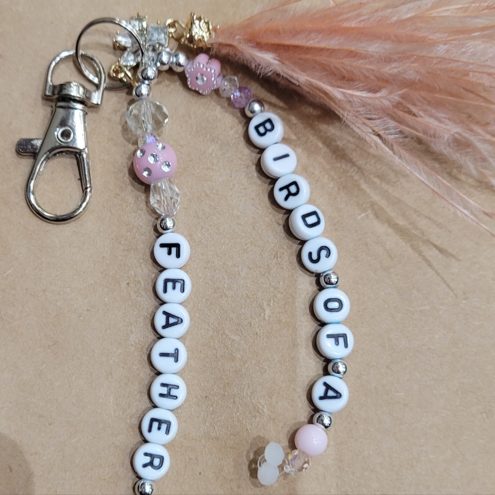 Handmade Birds of a Feather Pink and White Keychain
